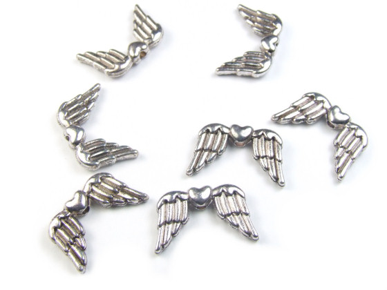 Metallperlen, Flgel mit Herz, 18,5x11x3,5 mm, sil
